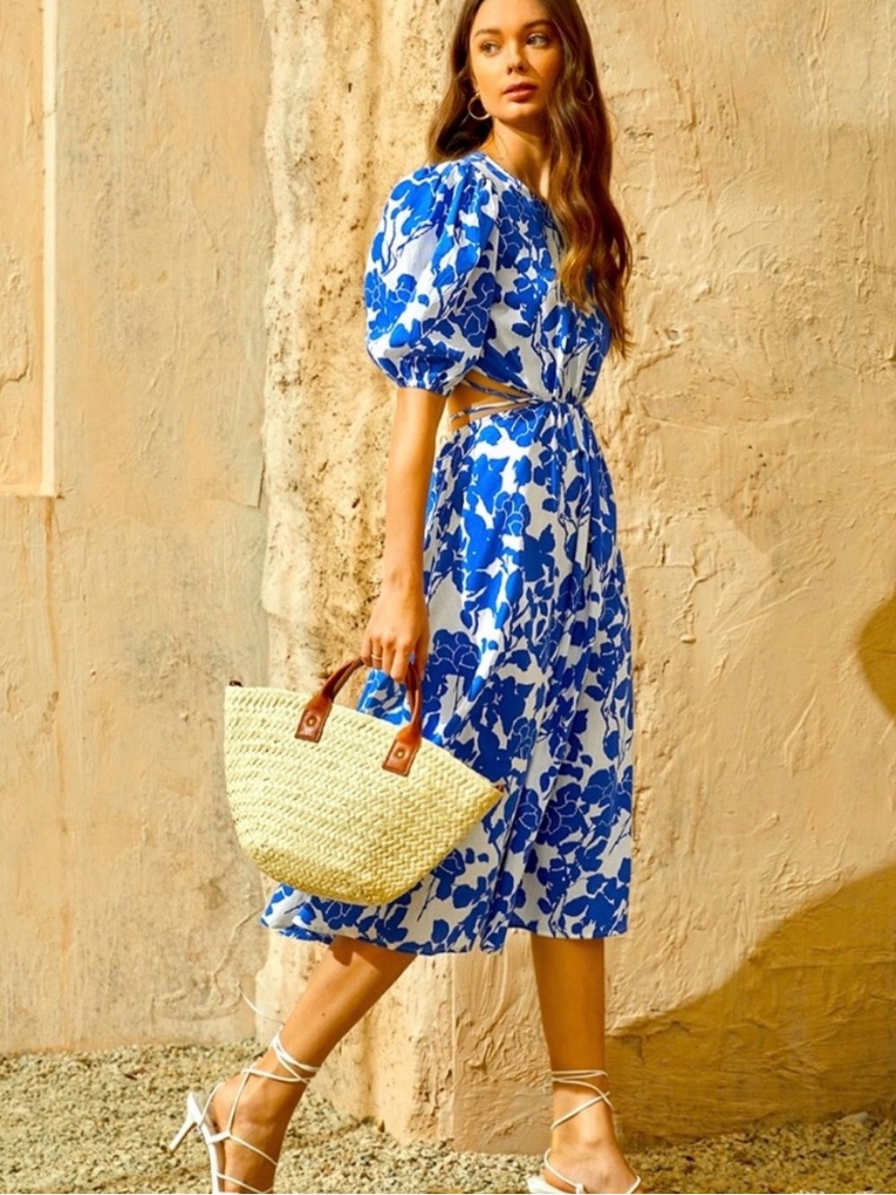 Blue Floral Puff-Sleeve Midi Dress - Women